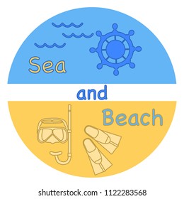 Sea, waves, beach, mask, tube, fins, steering wheel. Template for design, print.
