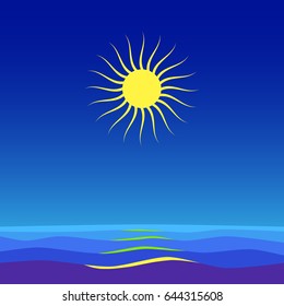 Sea, waves and big sun on blue sky