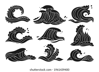 Sea waves black glyph doodle set. Ocean water wave hand drawn design element. Sketch marine symbol, surfing decoration. Curly waves and spirals, foam on crest, splash and drop vector illustration
