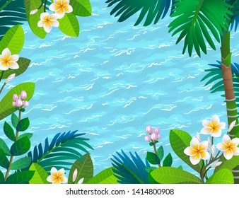 Sea waves and blooming rainforest. Tropical plants and flowers. Summer background. Banner template. 