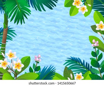 Sea waves and blooming rainforest. Tropical plants and flowers. Summer background. Banner template.