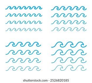 Sea waves blue line icon set. Zigzag water waves line icons. Various wave water lake river. Seamless abstract line pattern. Water outline symbol. Sea and Ocean signs.