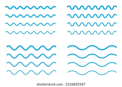 Sea waves blue line icon set. Zigzag water waves line icons. Various wave water lake river. Seamless abstract line pattern. Water outline symbol. Sea and Ocean signs.