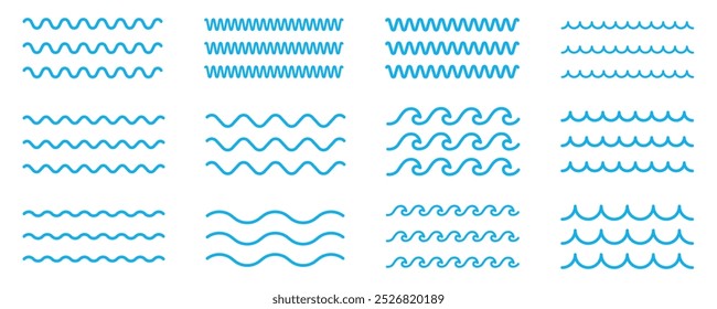 Sea waves blue line icon set. Zigzag water waves line icons. Various wave water lake river. Seamless abstract line pattern. Water outline symbol. Sea and Ocean signs.