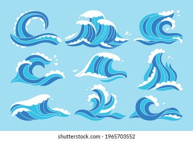Sea waves blue set. Ocean water wave hand drawn aqua design element. Sketch marine symbol, surfing linear decoration. Curly waves and spirals, foam on crest splash and drop cartoon vector illustration