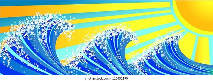 Sea waves, blue sky and sun, vector eps8