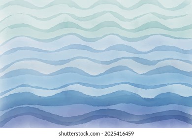 Sea waves blue watercolor stripes pattern abstract summer background, vector illustration
