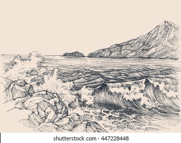 Sea Waves Breaking On Rocky Shore