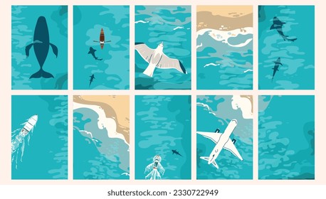 Sea waves, coastline top aerial view vector background set. Beach, sand, ocean shore with blue waves, foam. Top view above seaside with boats, airplane, whale and shark. Summer travel.