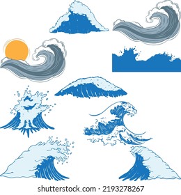 Sea waves collection. Set of blue ocean waves with white foam in cartoon style