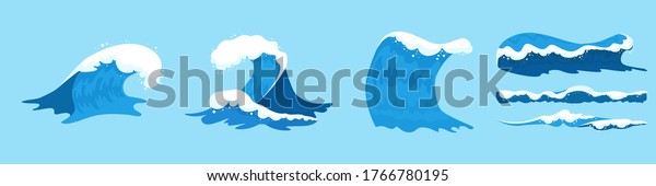 Sea waves collection. Set of blue ocean\
waves with white foam in cartoon\
style