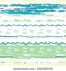 Sea waves. Crayon seamless pattern. Summer illustration, pastel colors background. Grunge print for textile, wallpaper, children's clothes. Hand drawn texture. Creative drawing for kids, fashion.