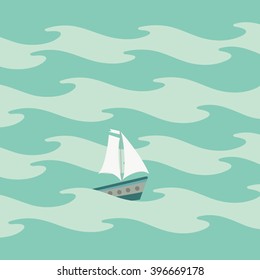 Sea waves and cute little ship. Boat. Vector illustration.