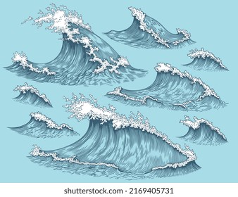 Sea waves. Design set. Editable hand drawn illustration. Vector vintage engraving. 8 EPS