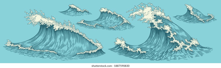 Sea waves. Design set. Hand drawn engraving. Editable vector vintage illustration. Isolated on color background. 8 EPS