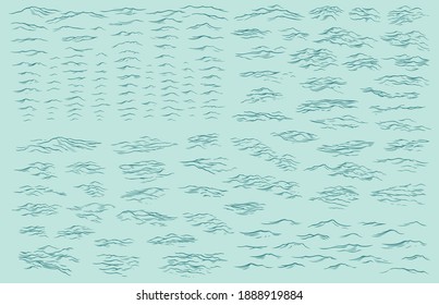 Sea waves  Design set  Hand drawn graphic drawing  Editable vector vintage illustration  Isolated color background  8 EPS