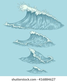 Sea waves. Design set. Hand drawn engraving. Vector vintage illustration. Isolated on color background. 8 EPS