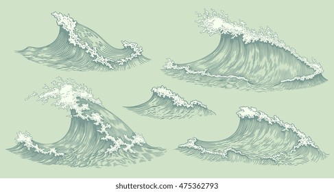 Sea waves. Design set. Hand drawn engraving. Vector vintage illustration. Isolated on color background. 8 EPS