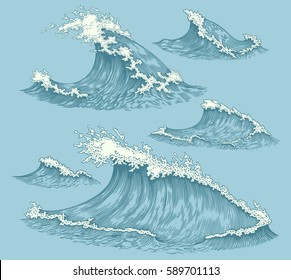 Sea waves. Design set. Hand drawn engraving. Vector vintage illustration. Isolated on color background. 8 EPS