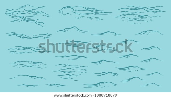 Sea waves. Design set. Hand drawn graphic drawing.\
Editable vector vintage illustration. Isolated on color background.\
8 EPS