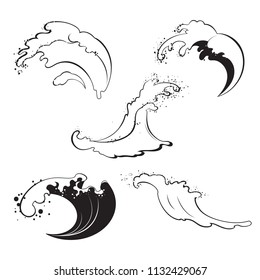 Sea waves of different shapes on white background. Vector illustration