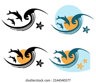 Sea waves and dolphins vector printable silhouette. Vector sea waves printable symbol illustration isolated on white