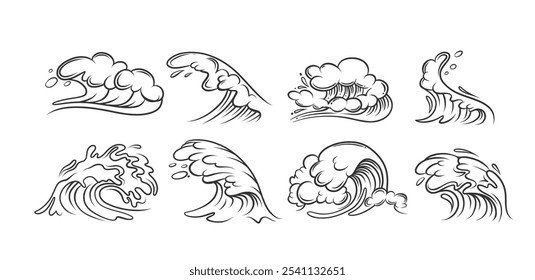 Sea waves doodle icons set. Simple retro sketches of water splashes and storm surf, wavy tide swirls. Nature elements, hand drawn beach stream and wild waves icons collection vector illustration