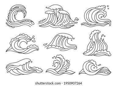 Juego de doodles con olas de mar. Elemento de diseño de olas de agua oceánicas dibujado a mano. Esbozar símbolo marino, surfear decoración lineal. Ondas y espirales de curvas, espuma en la cresta, salpicadura y caída ilustración vectorial de dibujos animados