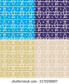Sea waves, fish contours seamless pattern. Childish cute cartoon style illustration, white monochrome doodle line for web templates. Blue beige marine color palette, transparent background. Vector