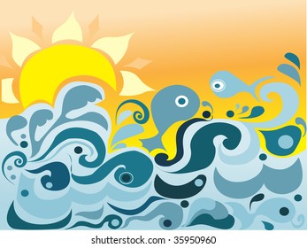 Sea waves and fish. Vector illustration