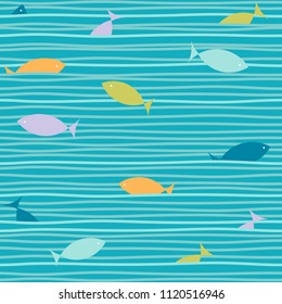 Sea waves, fishes seamless pattern. Vector ocean wavy tides background.