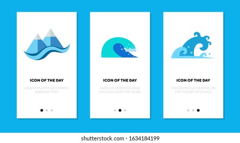 Sea waves flat icon set. Ocean, seaside, water, pyramid isolated sign pack. Vacation, surfing, diving, beach, resort concept. Vector illustration symbol elements for web design
