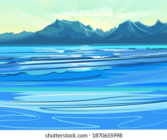 Sea waves. Flat style illustration. On the horizon there is a rocky coast with mountains. Surf. Cartoon. Vector,
