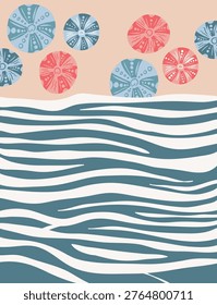 Sea waves flow across layered stripes with sand dollar shapes above the shore in a clean abstract style. Symbol of calm, coastal serenity, summer vibe, and relaxation. Cartoon vector illustration.