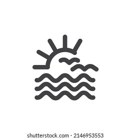 Sea waves and flying birds line icon. linear style sign for mobile concept and web design. Ocean, Sunrise and birds outline vector icon. Symbol, logo illustration. Vector graphics