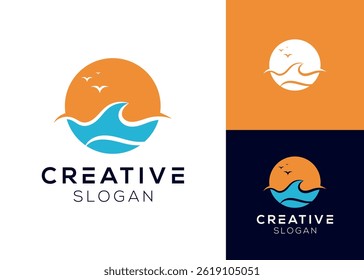 Sea or waves and flying birds logo design for beach and nature
