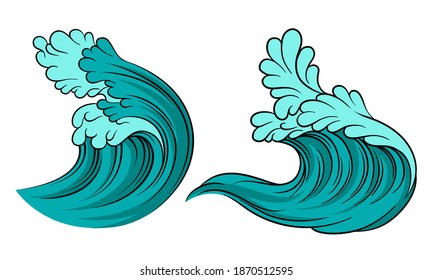Sea Waves with Foam and Blue Splashes Vector Set