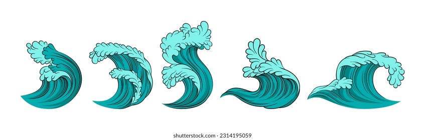 Sea Waves with Foam and Blue Splashes Vector Set