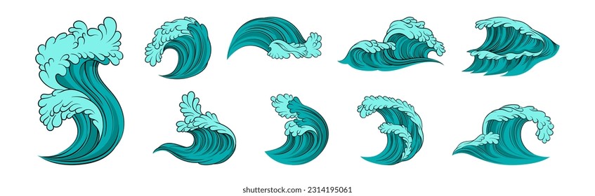 Sea Waves with Foam and Blue Splashes Vector Set