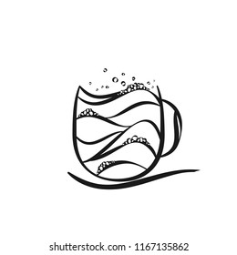 sea with waves and foam in a cup of coffee. Storm in a tea cup. Sea and ocean time. Concept of vacation. creative breakfast. Dream about summer journey. Relax and rest time.  Black vector illustration
