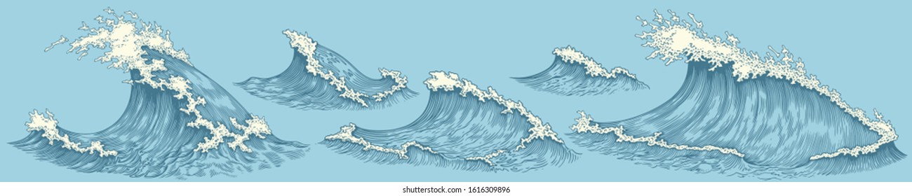 Sea waves foam. Design set. Art detailed editable illustration. Vector vintage engraving. Isolated on color background. 8 EPS
