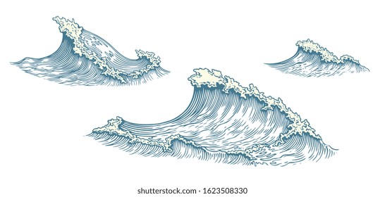 Sea waves foam. Design set. Art detailed editable illustration. Vector vintage engraving. Isolated on white background. 8 EPS