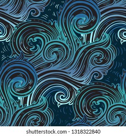 Sea waves. Grange Sea background. Hand drawn vector illustration pattern