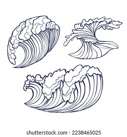Sea Waves. Graphic Hand Drawn Ocean Waves Set for T-Shirt Cards Surface Design Scrapbooking Poster. Vector Illustration