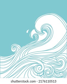 Sea Waves Graphic Illustration On Blue Sky. Vector Abstract Sea Ocean Big Blue Waves Background For Text