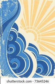 Sea waves. Grunge vector illustration of sea landscape