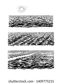 Sea waves, hand drawn ink sketch. Vector realistic illustrations of big water with horizon.