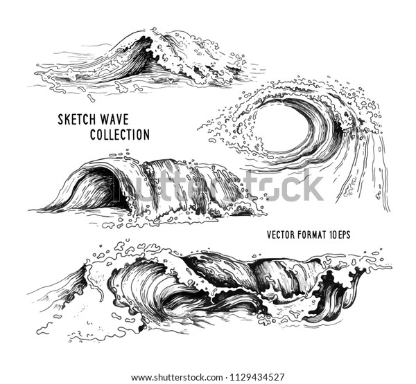海波の手描きのスケッチ 海の波のスケッチ サーフィンと海岸のために手描きの海洋潮風波 ベクターイラスト のベクター画像素材 ロイヤリティフリー