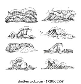 Sea waves handdrawn sketch set. Sketch ocean waves collection. Vintage hand drawn ocean tidal storm waves isolated for surfing and seascape, vector illustration