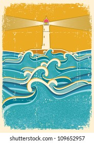 Sea waves horizon on old paper texture.Vector illustration with lighthouse